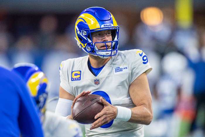 Los Angeles Rams quarterback Matthew Stafford wears the team's "Bone" white uniforms. 